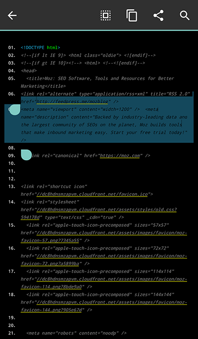 5 view source for websit HTML on android copy selection