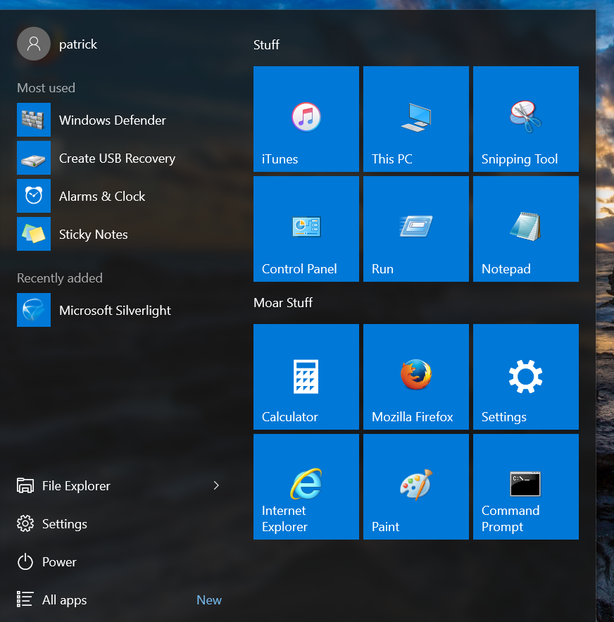 start menu